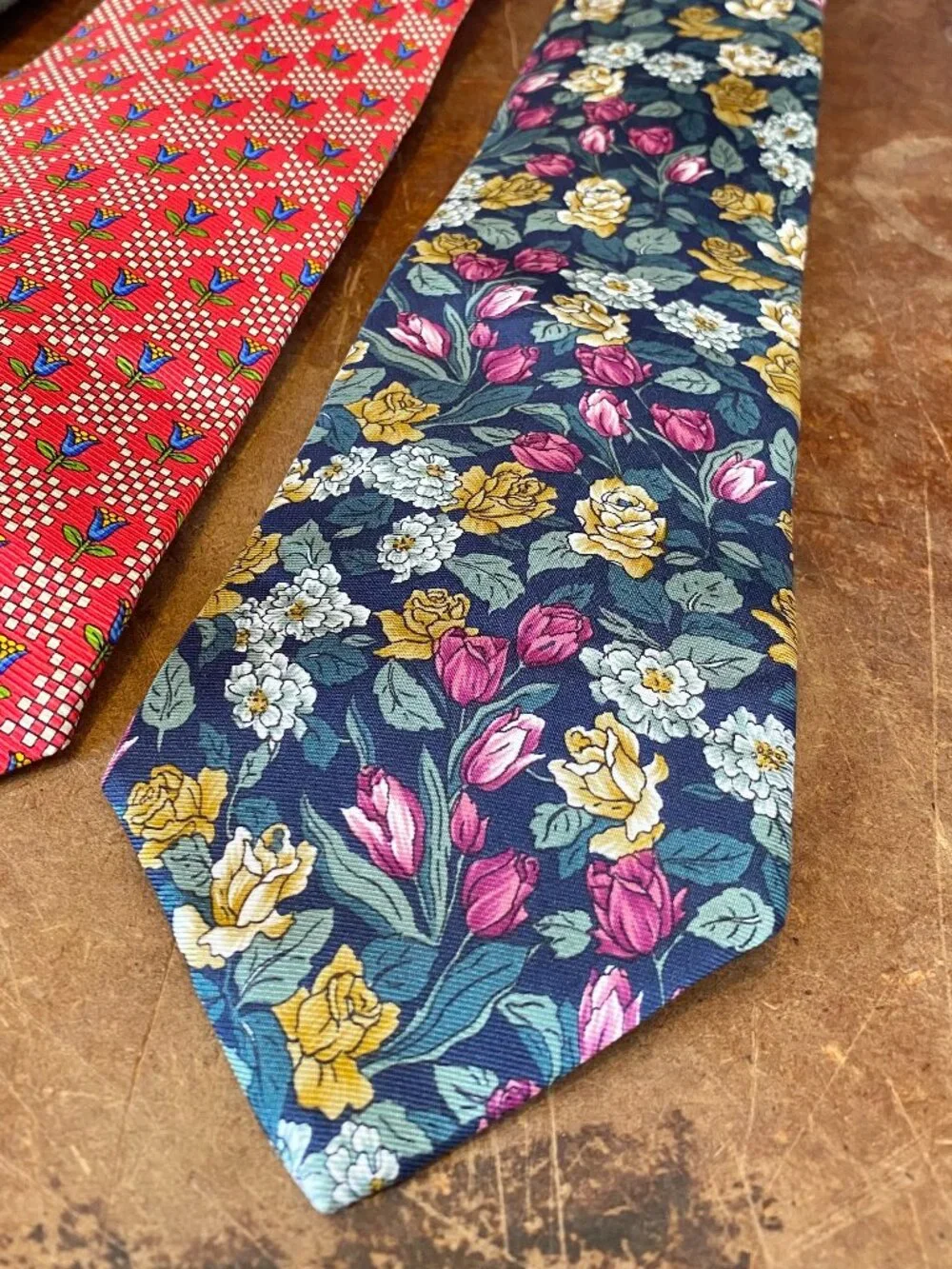 LOT of THREE Ties Lands End Silk Flowers Tulips Paisley Vintage Tie Made in USA